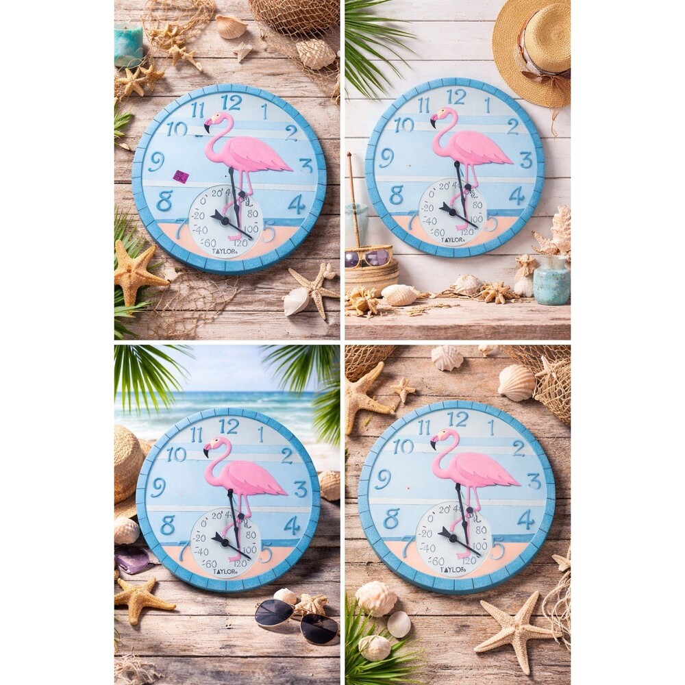 Wall Clock Taylor Reloj de Pared Flamingo + Termómetro – Tropical – 13.5”